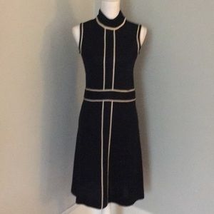 VINTAGE navy sleeveless knee length dress with cream piping
